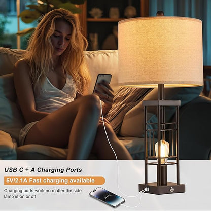 Reaketon Table Lamp for Living Room Set of 2 with USB Charging Ports, 3-Way Dimmable 27.6" Farmhouse End Lamps for Bedroom, Industrial Nightstand Lamps,Bulbs Included(Oil-Rubbed Bronze)