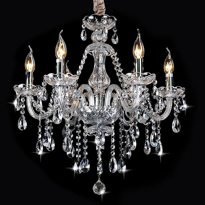 Bagood Clear 6 Lights Candle Chandelier Lighting K9 Crystal Candle Chandeliers Lighting Crystal Modern Chandelier for Dining Living Room Bedroom Entry Elegant Decoration E12 Base, H22 x W23.6 Inch
