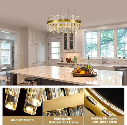 Modern Gold Crystal Led Chandelier: 19.7" Dimmable 3 Color Round Contemporary Dining Room Light Fixture over Table - K9 Adjustable Chandeliers Lighting for Bedroom Living Kitchen Island Entryway Foyer