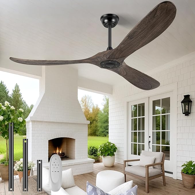 52" Ceiling Fans Without Light, Solid Wood Ceiling Fan with Remote Control and DC Motor, No Light, Modern Ceiling Fan with 3 Blades, Indoor Outdoor for Patios, Bedroom - Deep Brown