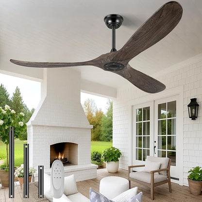 52" Ceiling Fans Without Light, Solid Wood Ceiling Fan with Remote Control and DC Motor, No Light, Modern Ceiling Fan with 3 Blades, Indoor Outdoor for Patios, Bedroom - Deep Brown