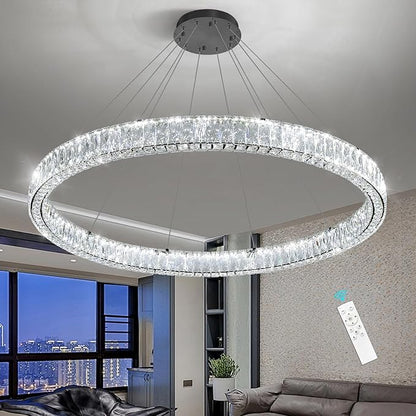 HAIXIANG Modern Crystal Chandelier Dimmable Large Ring LED Pendant Lights Adjustable Glam Chandeliers Lighting Fixtures for Dining Room Living Room Bedroom Black Light