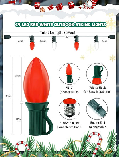 25Ft C9 LED Christmas Lights Red and Warm White, Vintage Christmas String Lights with 27 LED Red and White Bulbs, Extendable Plug in String Lights for Tree Patio Wedding Xmas Decor