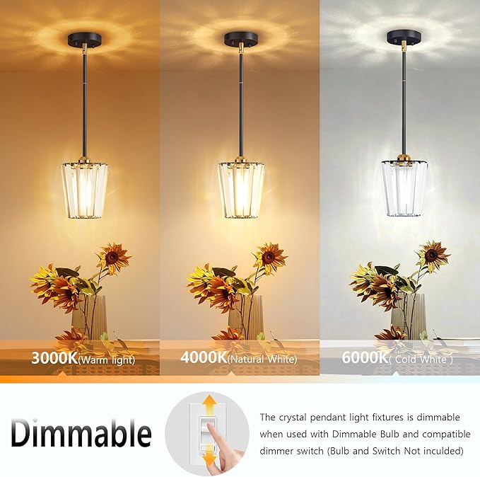 2 Pack Crystal Pendant Lights Kitchen Island - Modern Black and Gold Pendant Light Mini Adjustable Hanging Pendant Lights for Kitchen Island Dining Room Foyer Hallway