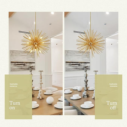 24" Gold Sputnik Chandelier 9-Light, Mid Century Modern Starburst Ceiling Light with Adjustable Chain, Industrial Globe Pendant Light Fixture for Dining Room Kitchen Island Living Room Foyer Entryway