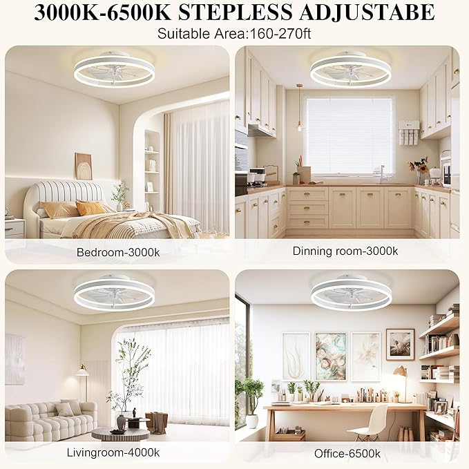 Ceiling Fans with Lights and Remote Fandelier 20''- Low Profile Modern - Flush Mount Ceiling Fans for Bedroom,Stepless Color Temperature and 6 Speeds - White