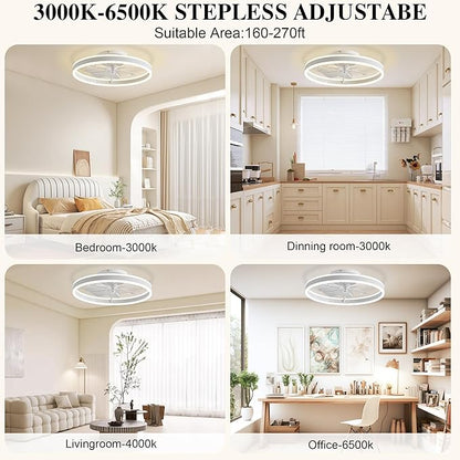 Ceiling Fans with Lights and Remote Fandelier 20''- Low Profile Modern - Flush Mount Ceiling Fans for Bedroom,Stepless Color Temperature and 6 Speeds - White