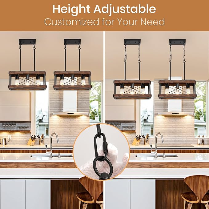 Genuine Wood Farmhouse Kitchen Island Light, 3-Light Rustic Pendant Chandelier with Adjustable Height, Metal Linear Hanging Lamp for Dining Room Bar Pool Table