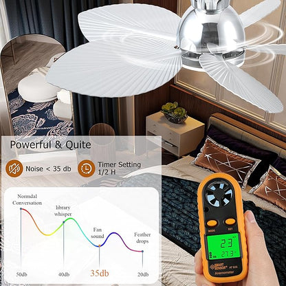 GJeg Tropical Ceiling Fans with Light, 38-inch Flush Mount Palm Leaf Ceiling Fans for Bedrooms, Indoors and Outdoors, Remote Control/APP Control, 6-Speed, Dimmable, Reversible,Chrome