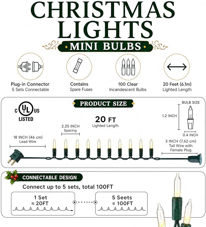 TW SHINE Warm White Christmas Lights Outdoor, 20FT 100 Count Incandescent Christmas Light Indoor, Waterproof Christmas Tree String Lights for Xmas Decorations