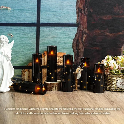 Nimiko Flickering Flameless LED Candles, 9 Pcs with Embedded Star String, Acrylic LED Pillar Candles with Remote, Suitable for Home Decoration (Black)