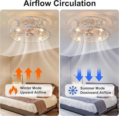 Garwarm 20" Caged Ceiling Fan With Light, Flush Mount Bladeless Fandelier With Remote, Small Low Profile for Bedroom, Kitchen, Dining Room, White Gold