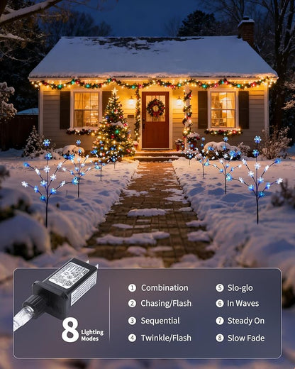 Brightown Snowflake Pathway Lights, 4 Packs Christmas Yard Decor, Small Christmas Tree with Lights, Blue and White