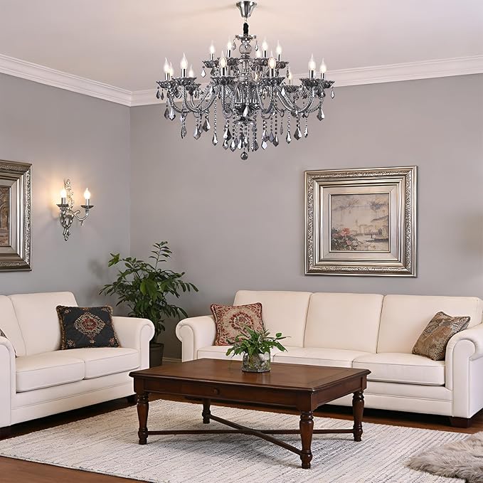 Modern Luxury K9 Crystal Chandelier 18 Light Large Smoky Gray Crystal Chandelier Lighting 39.5" E12 Crystal Pendant Light Fixtures for Living Room, Stair,Store (Double Layer 12+6 Lights)