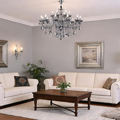 Modern Luxury K9 Crystal Chandelier 18 Light Large Smoky Gray Crystal Chandelier Lighting 39.5" E12 Crystal Pendant Light Fixtures for Living Room, Stair,Store (Double Layer 12+6 Lights)
