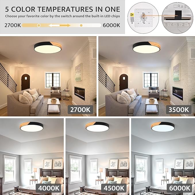 Modern Dimmable LED Ceiling Light, Minimalist Wood Style 5CCT 2700K-6000K Flush Mount Ceiling Light Fixture, Round Lighting Lamp for Bedroom Living Room Dining Room Laundry, Black, 15.8"