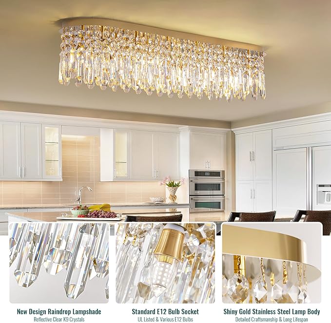 Siljoy 12-Light Modern Gold Crystal Raindrop Chandelier for Dining Room, Luxury Oval Flush Mount Crystal Pendant Ceiling Light Fixture for Living Room Kitchen Island Bar L47''xW11''xH10.6''
