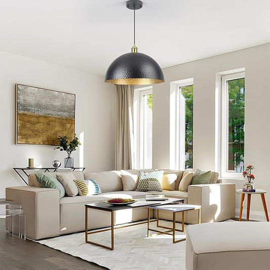 15.74" Black Farmhouse Pendant Light with Hammered Metal Shade Vintage Dome Pendant Light Adjustable Hanging Lighting fixtures for Kitchen Island Dining Room Hallway and Bar