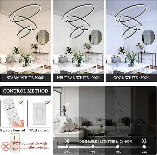 3-Rings Modern LED Chandelier Black, Dimmable Pendant Lighting with Remote Control Circular Flush Mount High Ceiling Light for Living Room Dining Room Foyer, 3000K-6500K D31.5’’