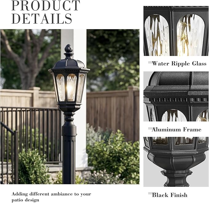Emliviar 19.3 Inch Lamp Post Light Fixture, Matte Black Pillar Outdoor Lantern for Garden and Patio, E26 Base, Water Ripple Glass, XE304P-M BK-SW
