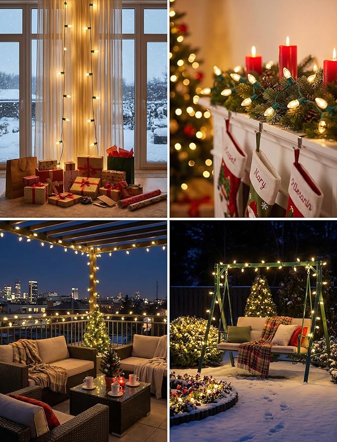 C7 LED Christmas Lights, 25Ft Vintage C7 Christmas Lights with 27 LED Clear Bulbs, Hanging Connectable String Light for Patio Garden Holiday Home Xmas Decor