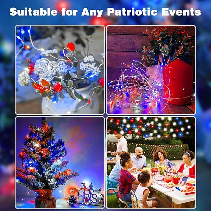 4th of July Decoration Lights, 3 Pack Red White and Blue Fairy Lights Battery Operated with Remote & Timer, Waterproof Patriotic Light Indoor Outdoor 8 Modes for Independence Day Anniversary Memorial