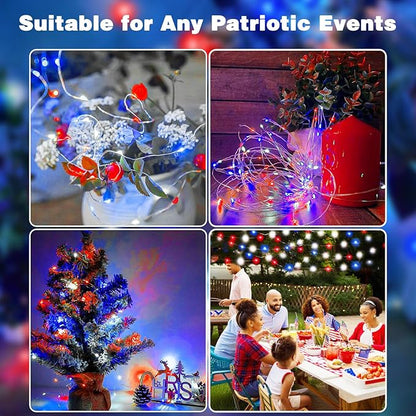 4th of July Decoration Lights, 3 Pack Red White and Blue Fairy Lights Battery Operated with Remote & Timer, Waterproof Patriotic Light Indoor Outdoor 8 Modes for Independence Day Anniversary Memorial