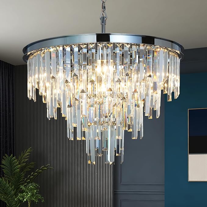 24'' Chrome Top K9 Crystal Chandelier Modern Lighting Fixture, 9 Lights Round K9 Crystal Adjustable Hanging Lamp for Dining Room Bedroom Living Room,Hallway,Bar,Kitchen