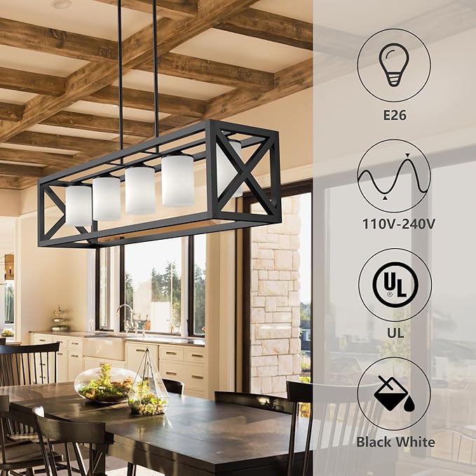 Black White Dining Room Light Fixture - 5 Light Rectangle Light Fixtures with Milk White Glass Shade & Adjustable Height & Thickened Metal Dining Table Lights Fixture Chandeliers for DiningRoom
