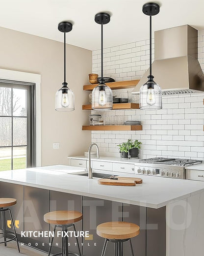 AUTELO Black Pendant Lights Kitchen Island, 1-Light Pendant Lights in Black Finish with Clear Cylinder Glass, Modern Pendant Light Fixtures, Hanging Lamp for Kitchen Island H2511 CLBK