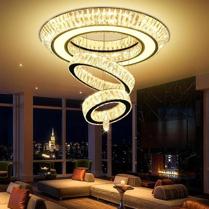 32 in Black LED Ring Chandelier, Crystal Ceiling Light for Living Room Flush Mount Chandelier Lighting Remote Dimmable, Compatible with Sloped Ceiling