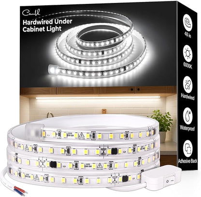 cambk 48inch Hardwired Under Cabinet Lighting for Kitchen,120V Wired Undercounter Led Strip Lights 6000K White Waterproof, Luces para Cocina Bajo Gabinete Under Shelf Lights for Sink/Workbench