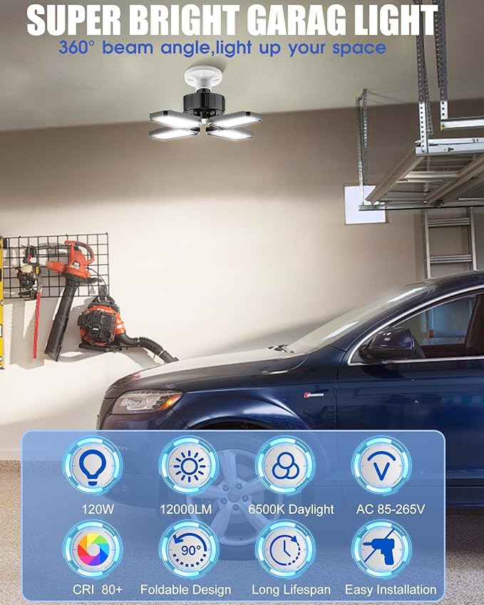 Garage Light, 120W 12000LM Bright Garage Lights Ceiling Led, 6500K Deformable Shop Lighting with 4 Adjustable Panel, Screw into E26/E27 Bulb Socket LED Lights for Workshop Basement Attic