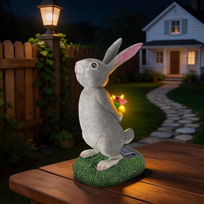Solar Garden Rabbit Statue with LED Flowers, Grey Resin Hare Figurine Decor for Patio, Yard, Lawn Outdoor Ornament, Ideal Easter, Birthday Gifts for Women, Mother & Garden Lovers
