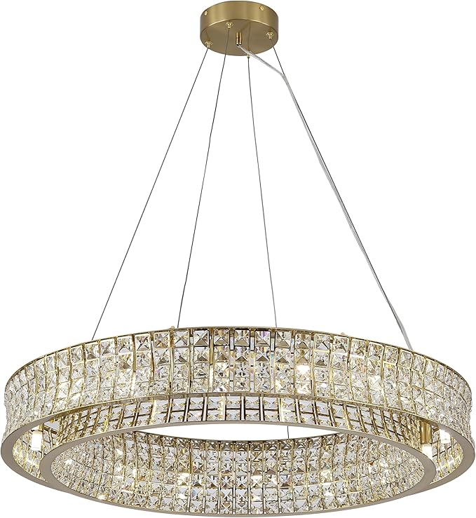 Modern Crystal Chandelier Round 16-Light Contemporary Hanging Ceiling Light Fixture Copper/Brass Finish with Rectangular Crystals Dining Room Living Room Bedroom Entryway Lighting Easy Install 31.5''
