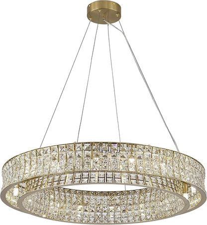 Modern Crystal Chandelier Round 16-Light Contemporary Hanging Ceiling Light Fixture Copper/Brass Finish with Rectangular Crystals Dining Room Living Room Bedroom Entryway Lighting Easy Install 31.5''