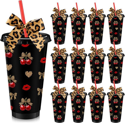 12 Sets Cherry Cheetah Print Party Supplies 24 oz Reusable Cherry Leopard Print Party Plastic Cup and Cheetah Bow Bulk Let's Get Wild Themed Drinking Cup for Birthday Baby Shower Decoration