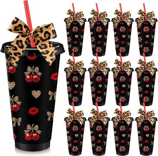 12 Sets Cherry Cheetah Print Party Supplies 24 oz Reusable Cherry Leopard Print Party Plastic Cup and Cheetah Bow Bulk Let's Get Wild Themed Drinking Cup for Birthday Baby Shower Decoration