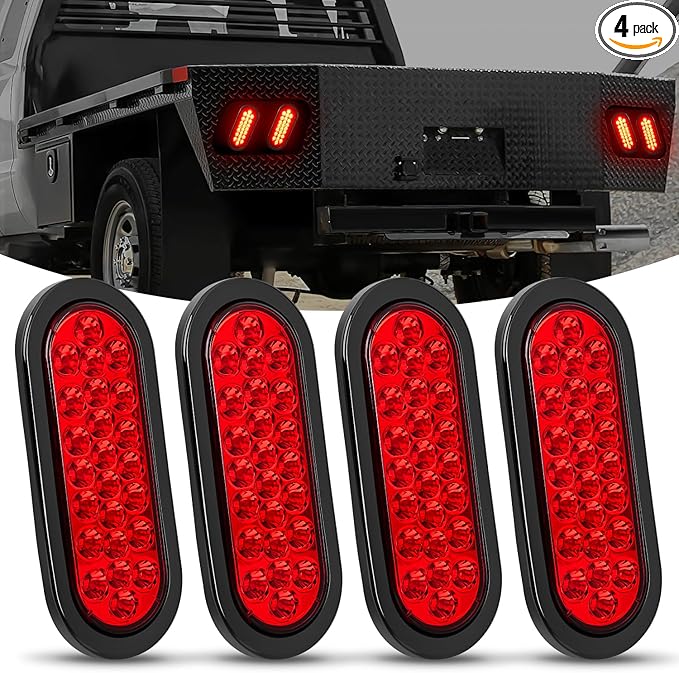 Nilight 6Inch Oval Trailer Tail Light 4PCS Red 24LED Stop Brake Turn Marker Lights w/Flush Mount Grommets Plugs IP67 Waterproof for 12V Truck ATV UTV Bus RV Camper