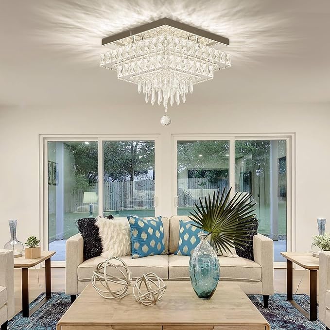 Finktonglan 13" Dimmable Crystal Ceiling Light with Remote & App, Modern Square Flush Mount Chandelier, Adjustable Brightness & 3 Color Modes, 36W for Bedroom Entryway Hallway Living Room