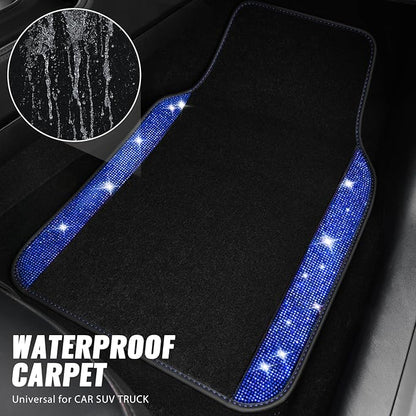 CAR PASS Bling Rhinestones Diamond Car Floor Mat,Sparkly Glitter Shining Crystal Carpet Anti-Slip PVC Heel Pad Waterproof Universal for Automotive SUV,Sedan,Van,4pcs Girl Pretty Women Men Black Blue