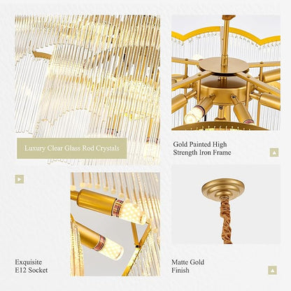 27.75" Gold Clear Glass Crystal Chandelier 14-Light Modern Crystal Pendant Ceiling Light Fixture 4-Tier Luxury Glass Chandeliers,for Dining Room Kitchen Island Living Room Bedroom