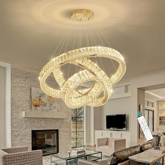 Modern Crystal Chandelier 55W Dimmable LED Chandeliers with Remote Luxury Height Adjustable Pendant Lighting for Living Room Dining Room Gold