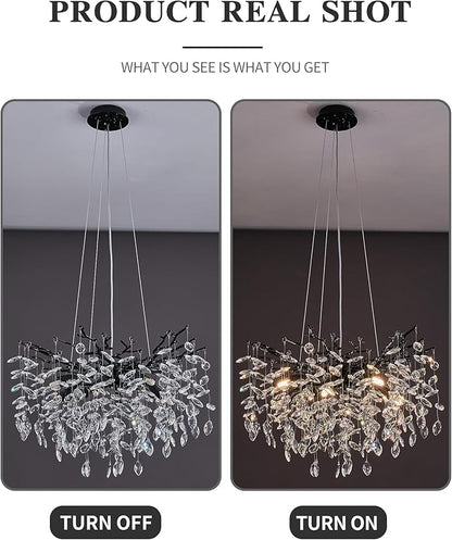 Modern Tree Branch Crystal Chandelier Luxury Blacl Crystal Pendant Lighting 23.6" Contemporary 8-Light Chandeliers for Dining Room Kitchen Bedroom Living Room