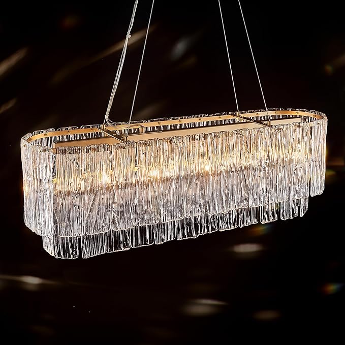 CATINER Gold Rectangle Chandeliers for Dining Room Modern Island Light Crystal Glass 6-Light Chandelier Rectangular Linear Pendant Hanging Ceiling Light Fixture for Kitchen L35.5”