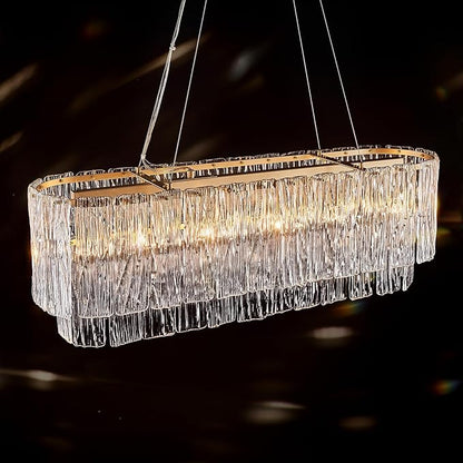 CATINER Gold Rectangle Chandeliers for Dining Room Modern Island Light Crystal Glass 6-Light Chandelier Rectangular Linear Pendant Hanging Ceiling Light Fixture for Kitchen L35.5”
