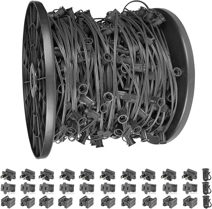 500FT C7 Light String Christmas Stringer, E12 Christmas Sockets 12" Spacing, C7 Stringer Set Green Outdoor String Light for Wedding Patio Event Lighting Decor, Black Wire