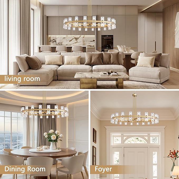 48" Gold Wagon Wheel Crystal Chandelier, Modern Round Chandelier for Dining Room Table, K9 Crystal Ceiling Chandelier for Living Room Entryway Foyer, Includes 40× G4 Bulbs