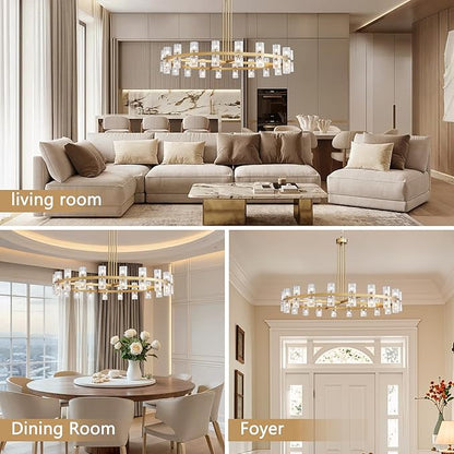48" Gold Wagon Wheel Crystal Chandelier, Modern Round Chandelier for Dining Room Table, K9 Crystal Ceiling Chandelier for Living Room Entryway Foyer, Includes 40× G4 Bulbs