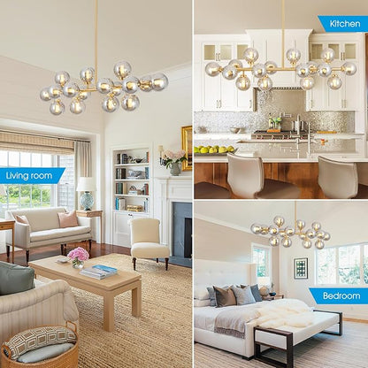 Modern Gold Linear Chandelier Rectanglar Modern Grey Globe Pendant Light Sputnik Chandeliers Hanging Light Fixture 16-Light